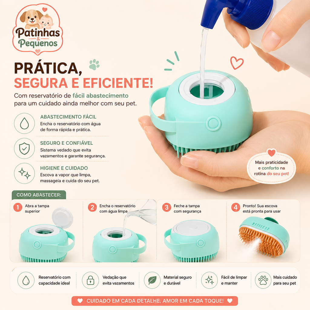 Escova a Vapor 3 em 1 Elétrica para Cães e Gatos – Remoção de Pelos e Massagem