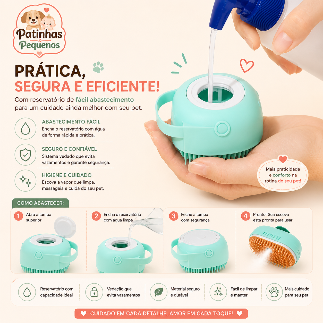 Escova a Vapor 3 em 1 Elétrica para Cães e Gatos – Remoção de Pelos e Massagem