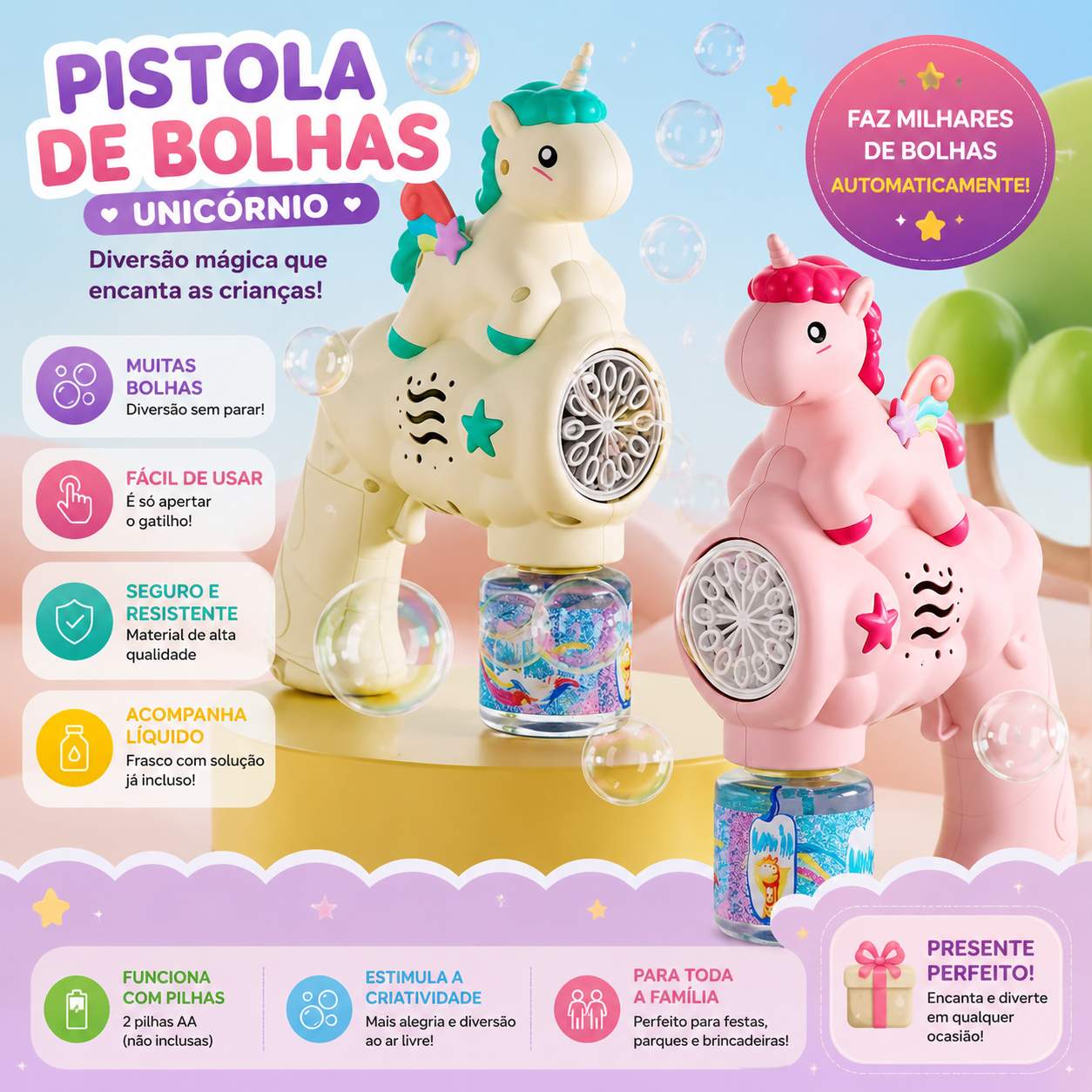 Pistola de Bolhas de Sabão Unicórnio Automática – Vários Estilos Coloridos para Crianças