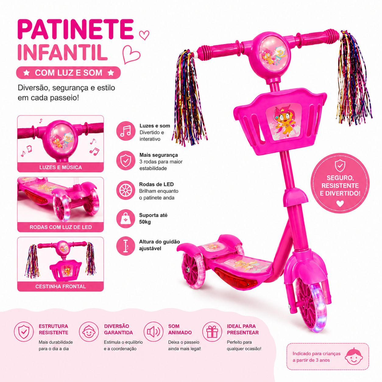 Patinete Infantil 3 Rodas com Led, Som e Cesta – Menino e Menina