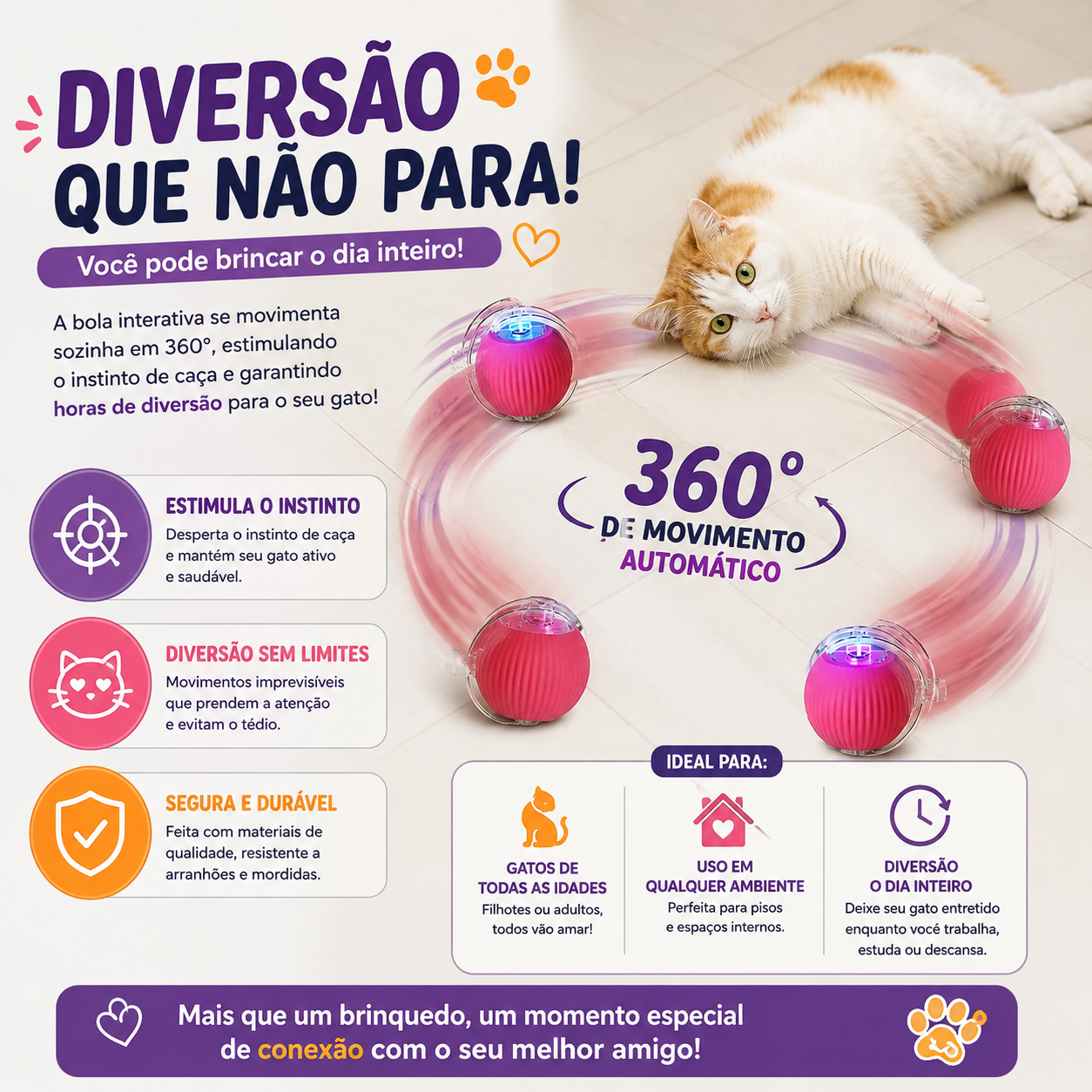Brinquedo Inteligente para Gatos Bola de Rolamento Automática Elétrica Recarregável