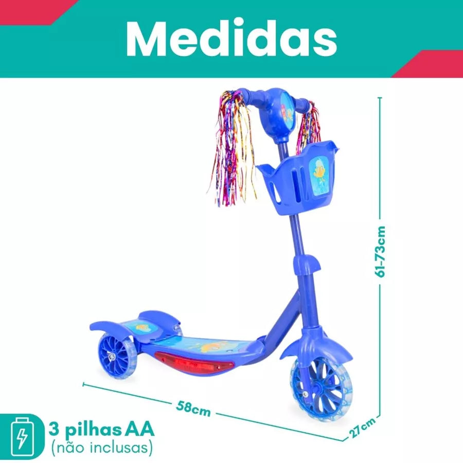Patinete Infantil 3 Rodas com Led, Som e Cesta – Menino e Menina