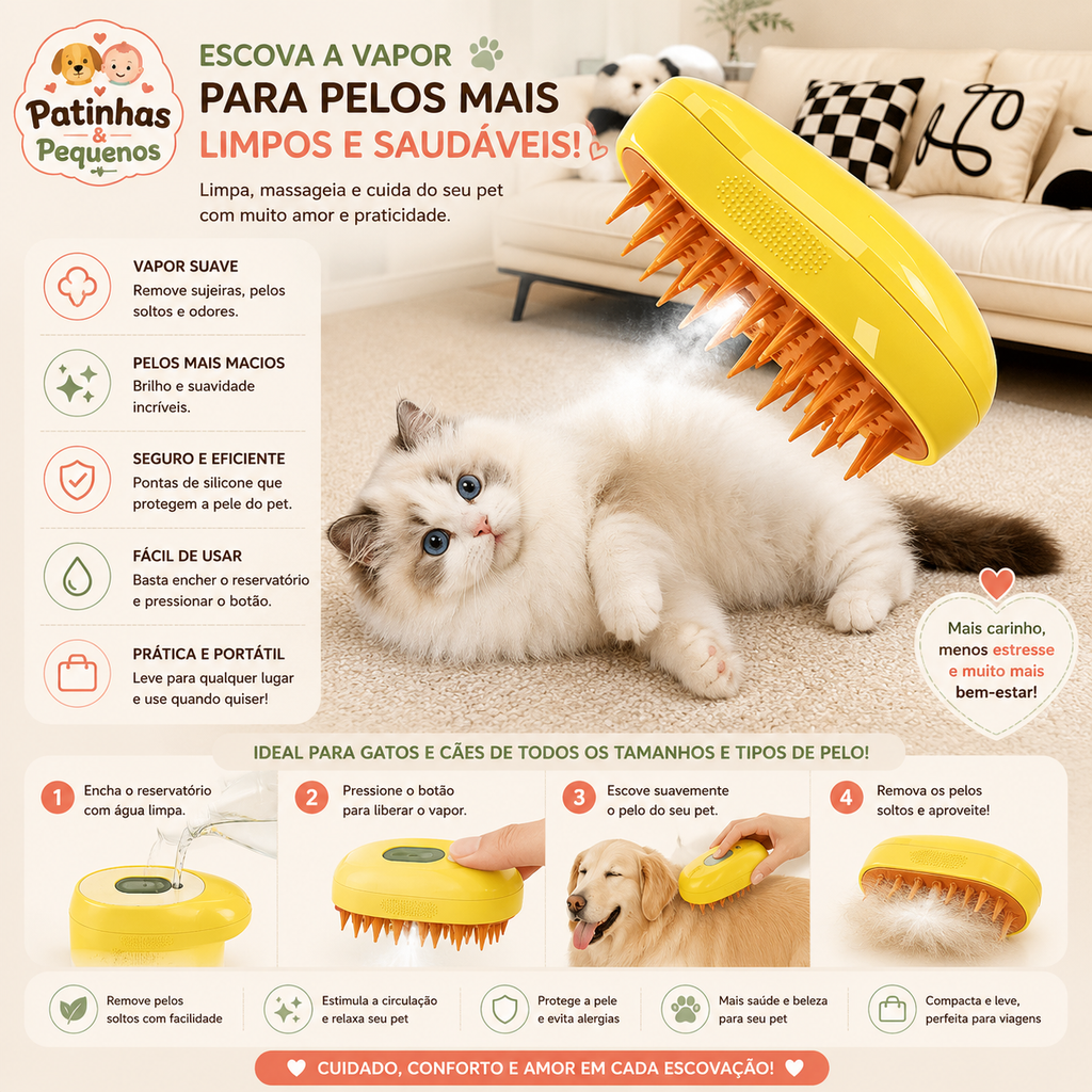 Escova a Vapor 3 em 1 Elétrica para Cães e Gatos – Remoção de Pelos e Massagem