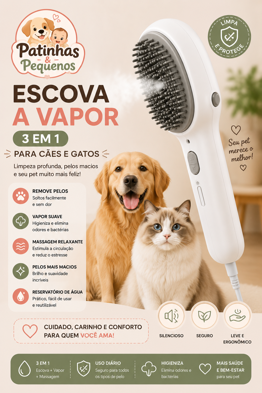 Escova a Vapor 3 em 1 Elétrica para Cães e Gatos – Remoção de Pelos e Massagem