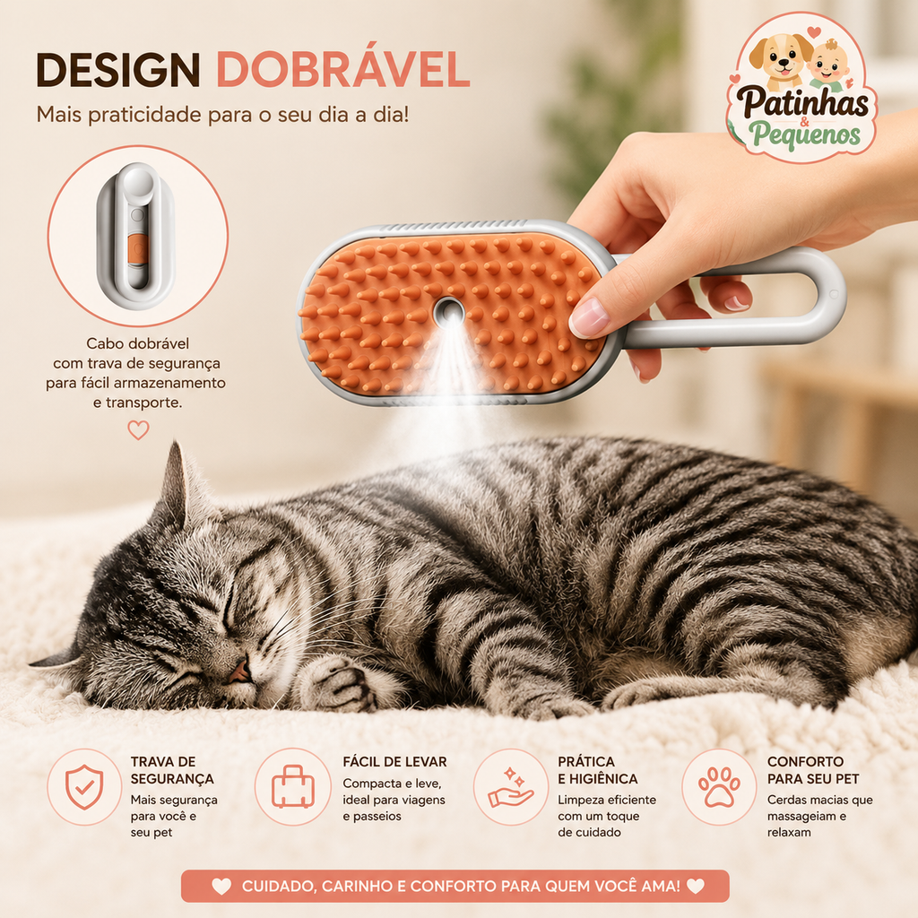 Escova a Vapor 3 em 1 Elétrica para Cães e Gatos – Remoção de Pelos e Massagem
