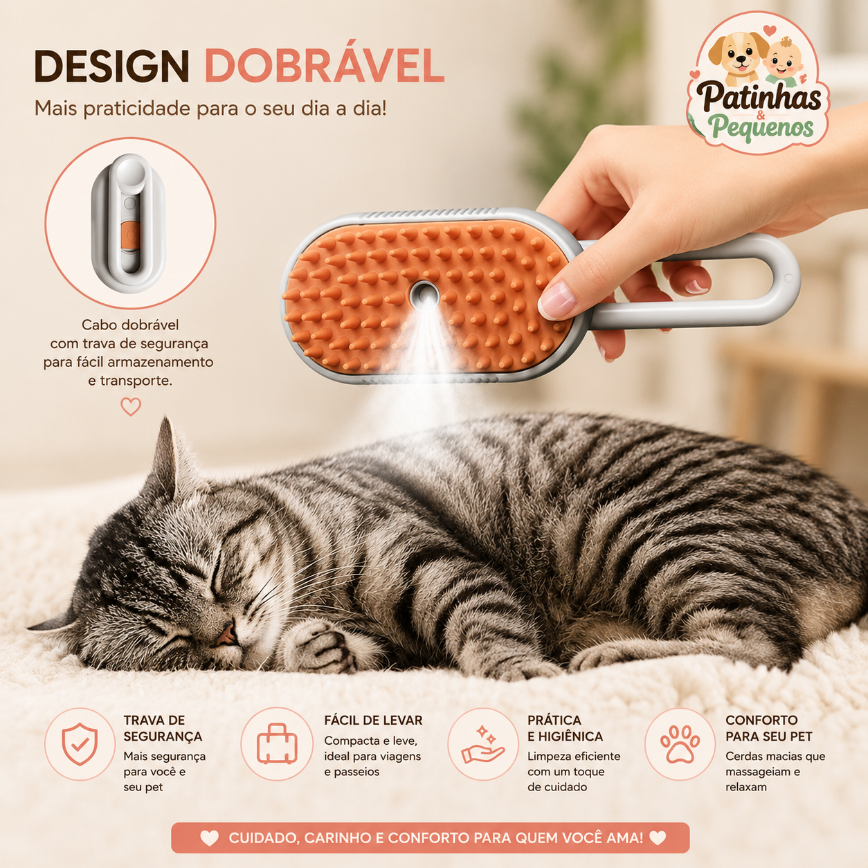 Escova a Vapor 3 em 1 Elétrica para Cães e Gatos – Remoção de Pelos e Massagem