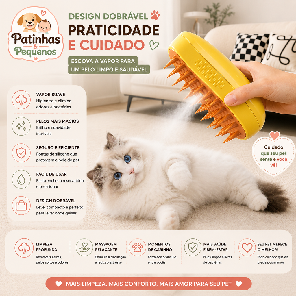 Escova a Vapor 3 em 1 Elétrica para Cães e Gatos – Remoção de Pelos e Massagem