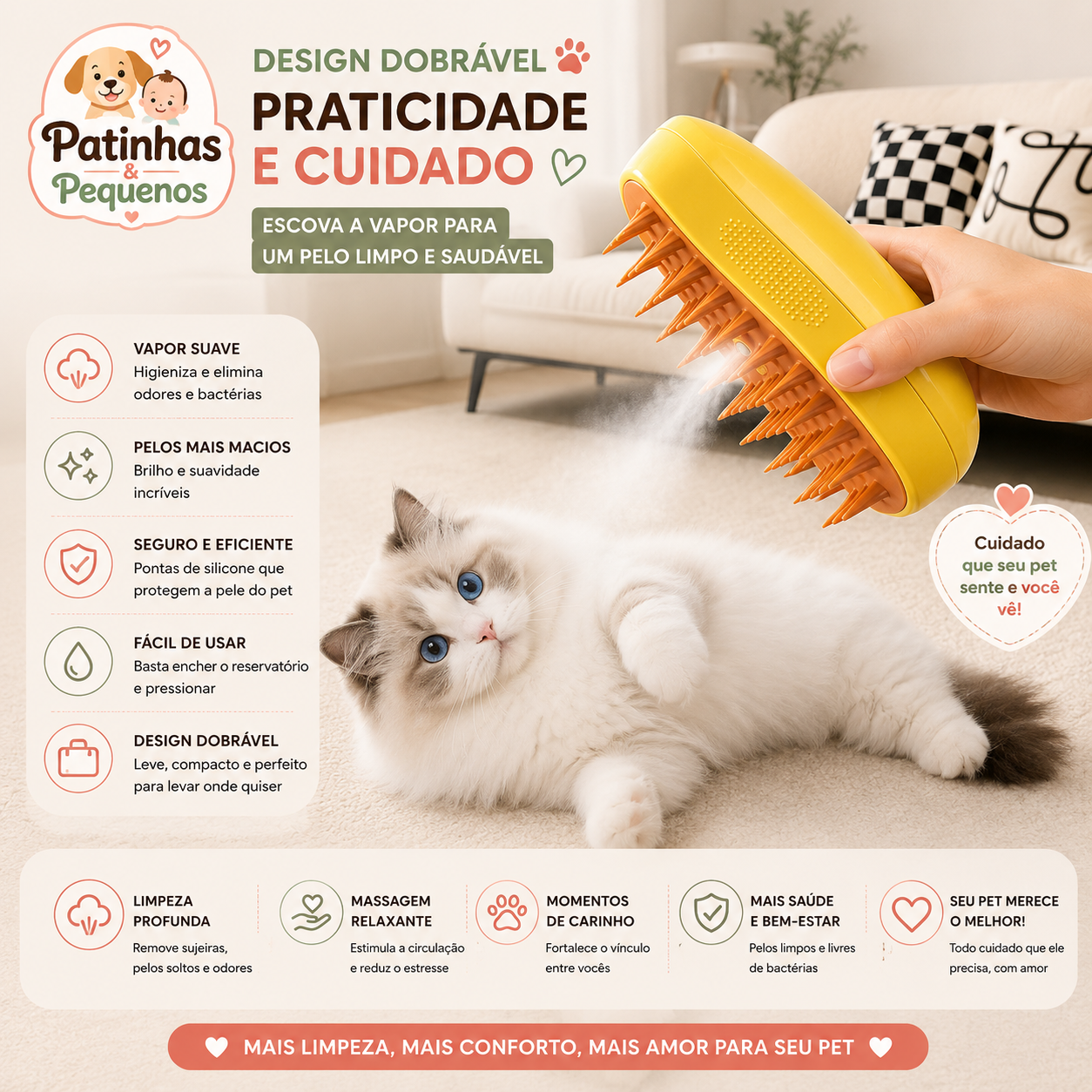 Escova a Vapor 3 em 1 Elétrica para Cães e Gatos – Remoção de Pelos e Massagem