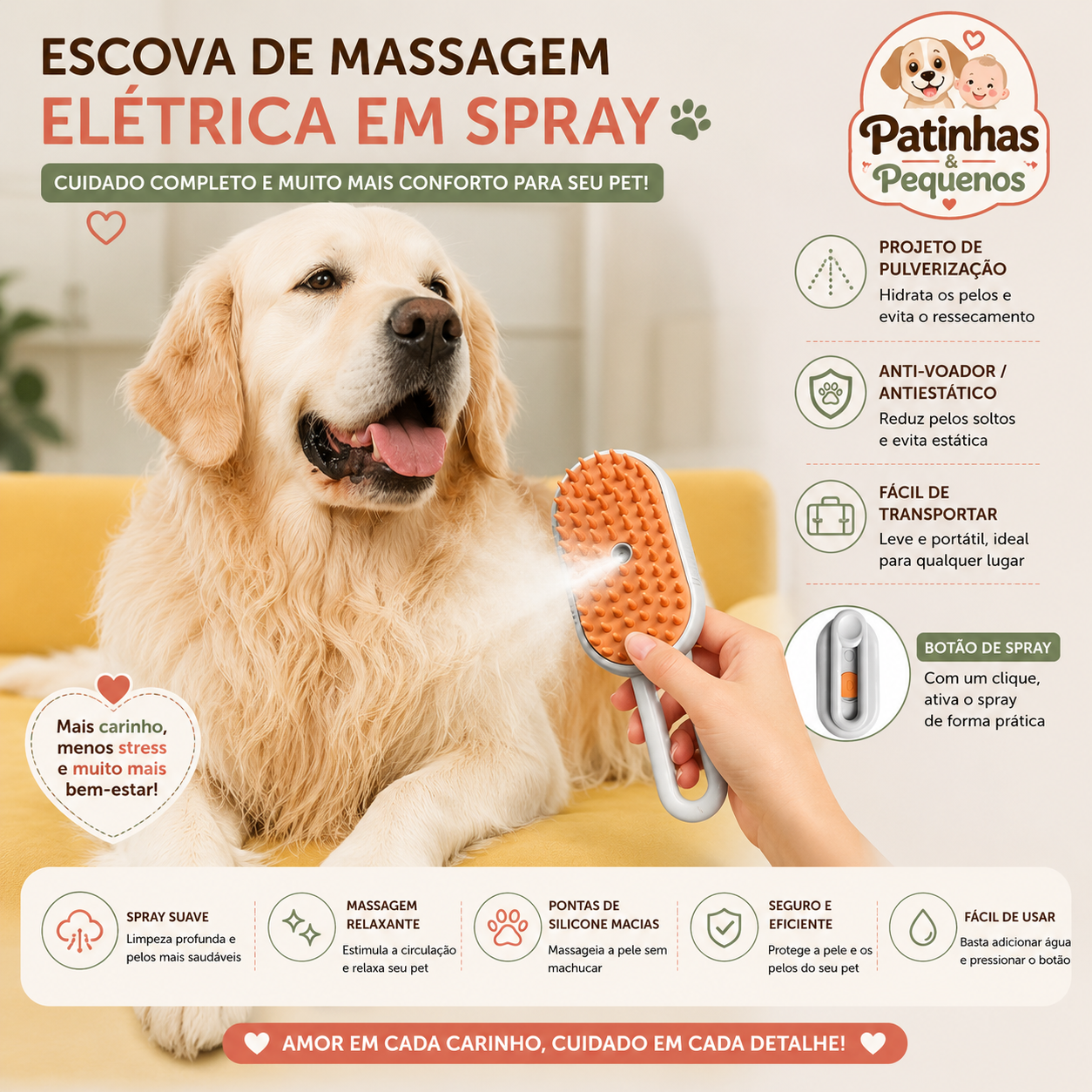Escova a Vapor 3 em 1 Elétrica para Cães e Gatos – Remoção de Pelos e Massagem