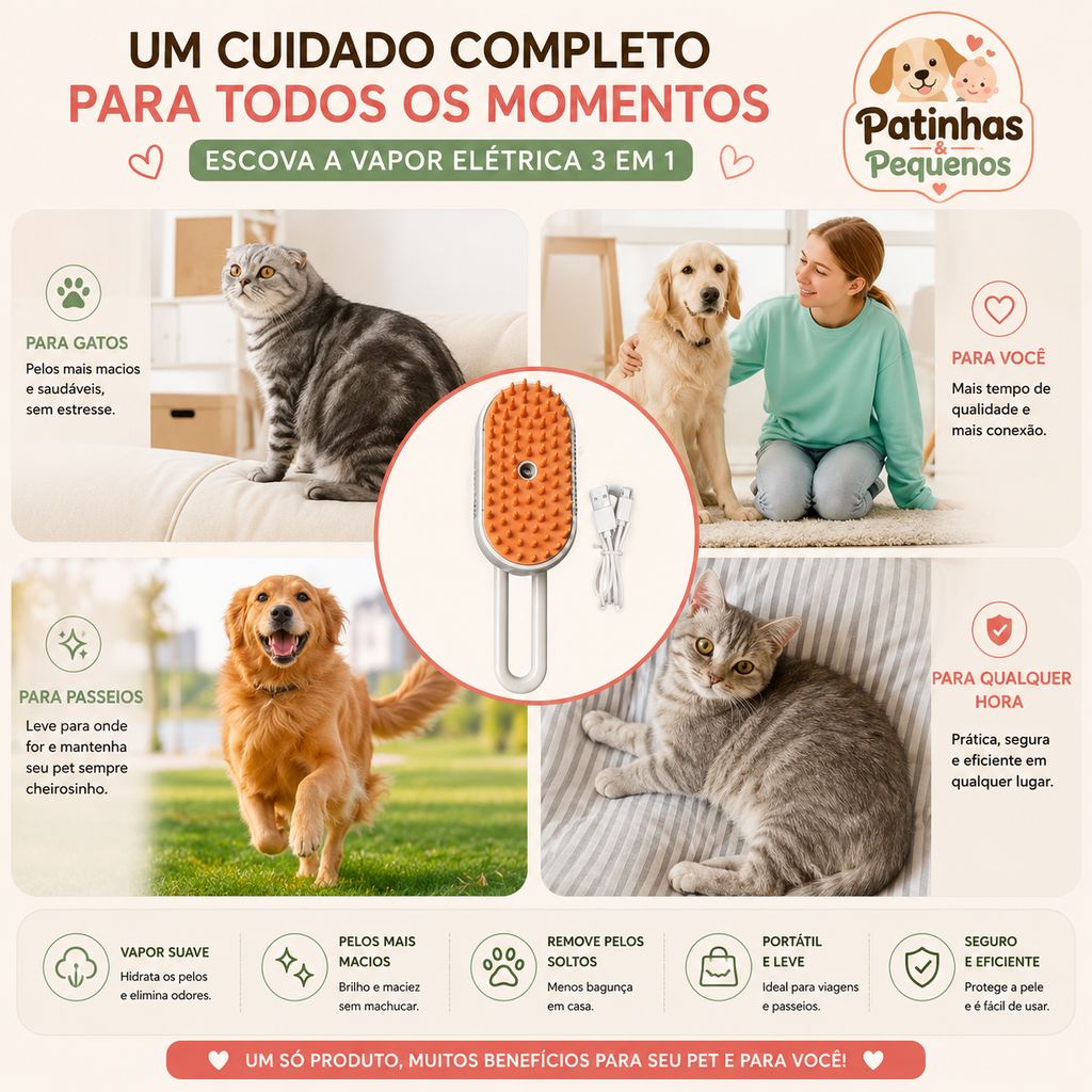 Escova a Vapor 3 em 1 Elétrica para Cães e Gatos – Remoção de Pelos e Massagem