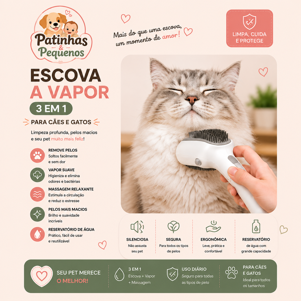 Escova a Vapor 3 em 1 Elétrica para Cães e Gatos – Remoção de Pelos e Massagem