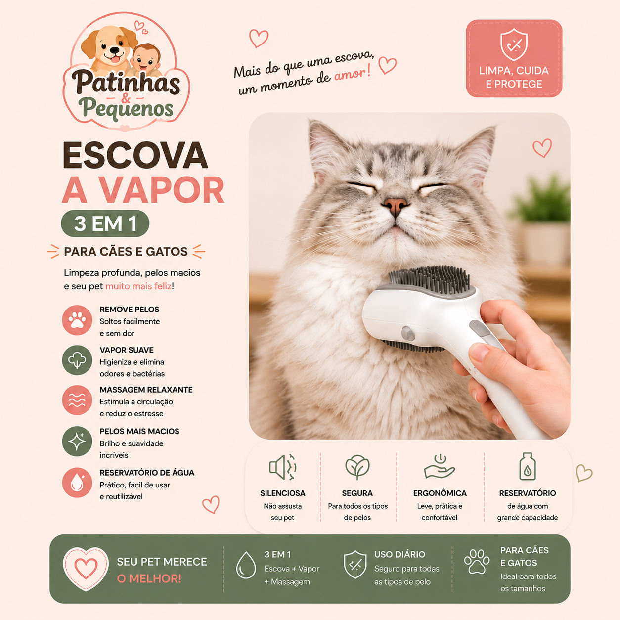 Escova a Vapor 3 em 1 Elétrica para Cães e Gatos – Remoção de Pelos e Massagem